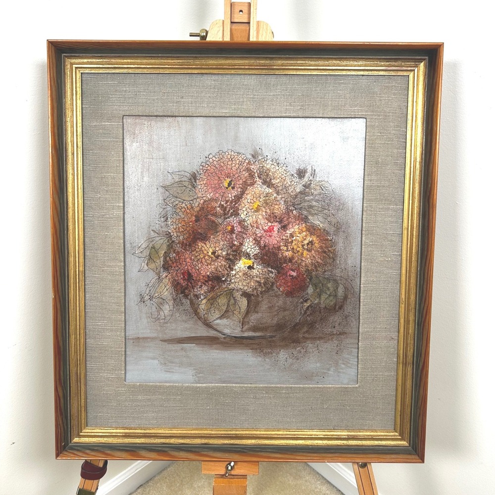 Jane Burns Floral Painting Gold Large Framed Still Life 23" Tall x 21" Wide VTG